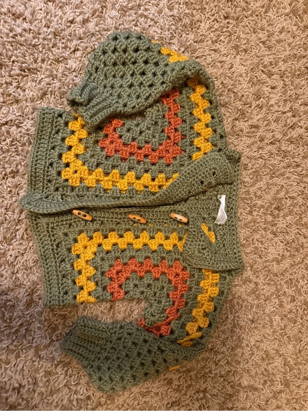 Handmade Retro Granny Square Cardigan Sweater Sage Green Toddler 12M 2T